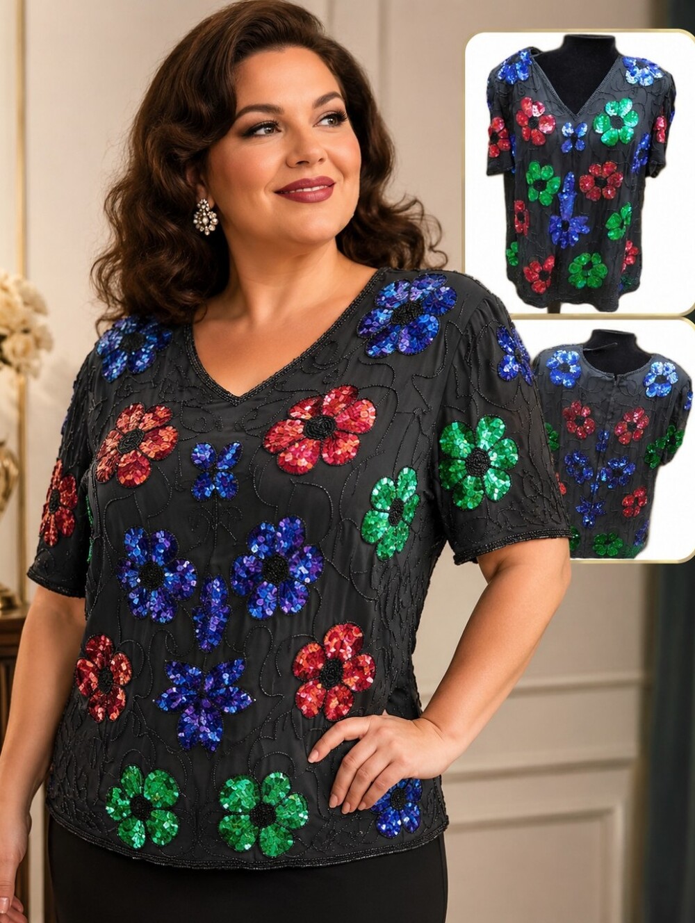 Vintage Plus  Steinay Retro Flowerbeaded‎ top 3X